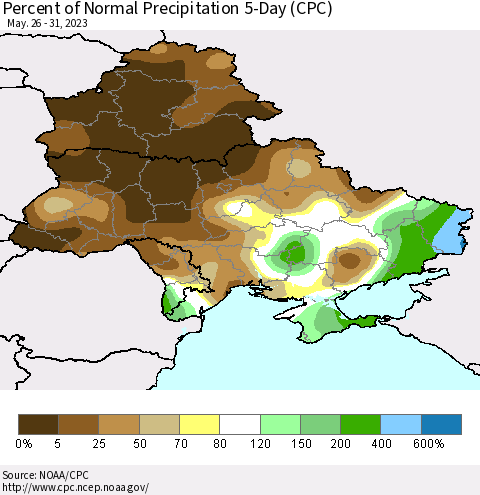 Ukraine, Moldova and Belarus Percent of Normal Precipitation 5-Day (CPC) Thematic Map For 5/26/2023 - 5/31/2023