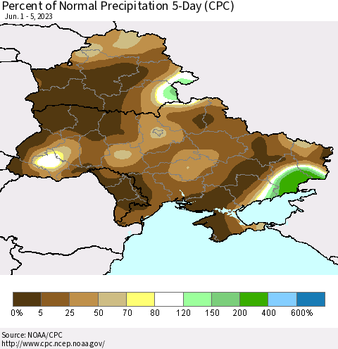 Ukraine, Moldova and Belarus Percent of Normal Precipitation 5-Day (CPC) Thematic Map For 6/1/2023 - 6/5/2023
