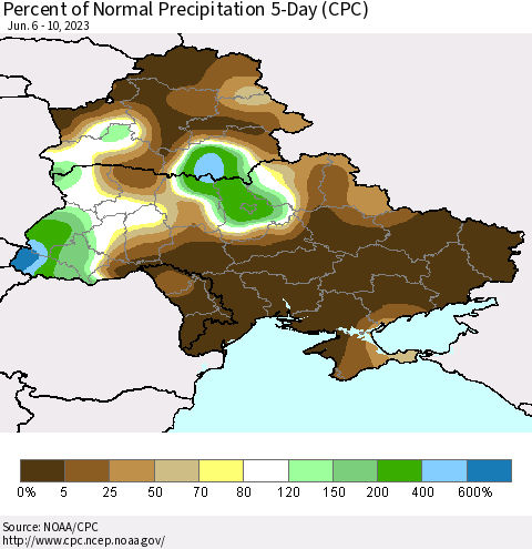 Ukraine, Moldova and Belarus Percent of Normal Precipitation 5-Day (CPC) Thematic Map For 6/6/2023 - 6/10/2023
