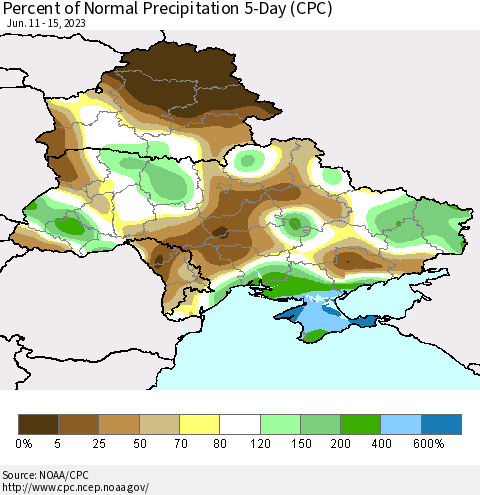 Ukraine, Moldova and Belarus Percent of Normal Precipitation 5-Day (CPC) Thematic Map For 6/11/2023 - 6/15/2023