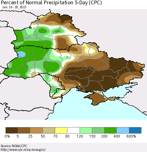 Ukraine, Moldova and Belarus Percent of Normal Precipitation 5-Day (CPC) Thematic Map For 6/16/2023 - 6/20/2023