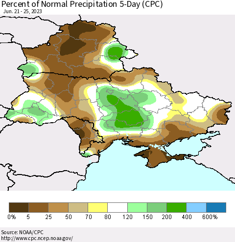 Ukraine, Moldova and Belarus Percent of Normal Precipitation 5-Day (CPC) Thematic Map For 6/21/2023 - 6/25/2023