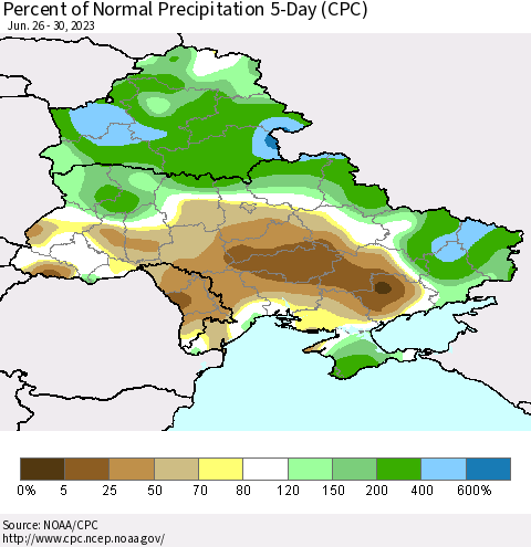 Ukraine, Moldova and Belarus Percent of Normal Precipitation 5-Day (CPC) Thematic Map For 6/26/2023 - 6/30/2023