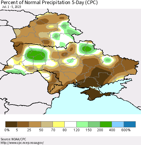 Ukraine, Moldova and Belarus Percent of Normal Precipitation 5-Day (CPC) Thematic Map For 7/1/2023 - 7/5/2023
