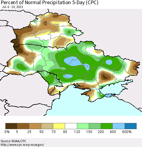 Ukraine, Moldova and Belarus Percent of Normal Precipitation 5-Day (CPC) Thematic Map For 7/6/2023 - 7/10/2023