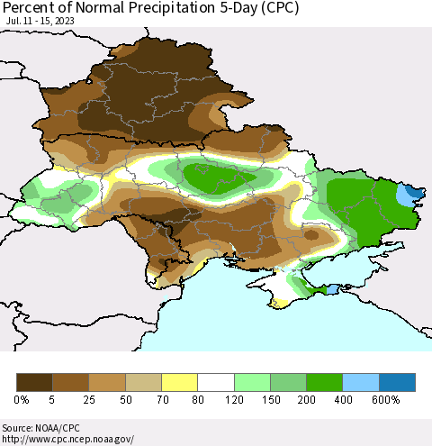 Ukraine, Moldova and Belarus Percent of Normal Precipitation 5-Day (CPC) Thematic Map For 7/11/2023 - 7/15/2023