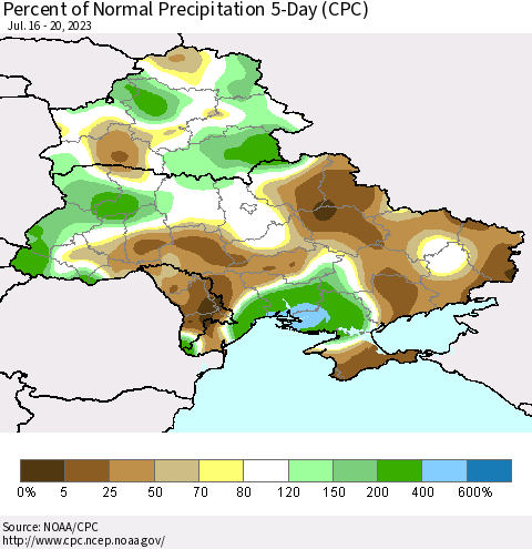 Ukraine, Moldova and Belarus Percent of Normal Precipitation 5-Day (CPC) Thematic Map For 7/16/2023 - 7/20/2023