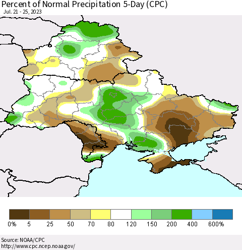 Ukraine, Moldova and Belarus Percent of Normal Precipitation 5-Day (CPC) Thematic Map For 7/21/2023 - 7/25/2023