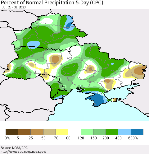 Ukraine, Moldova and Belarus Percent of Normal Precipitation 5-Day (CPC) Thematic Map For 7/26/2023 - 7/31/2023