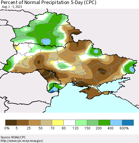 Ukraine, Moldova and Belarus Percent of Normal Precipitation 5-Day (CPC) Thematic Map For 8/1/2023 - 8/5/2023