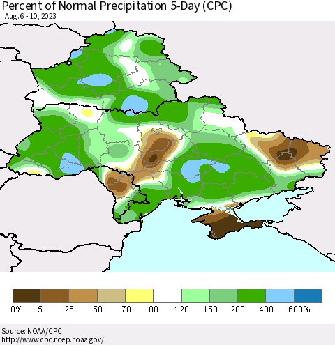 Ukraine, Moldova and Belarus Percent of Normal Precipitation 5-Day (CPC) Thematic Map For 8/6/2023 - 8/10/2023