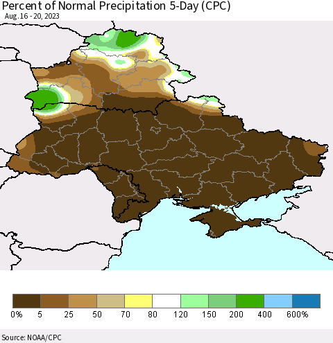 Ukraine, Moldova and Belarus Percent of Normal Precipitation 5-Day (CPC) Thematic Map For 8/16/2023 - 8/20/2023