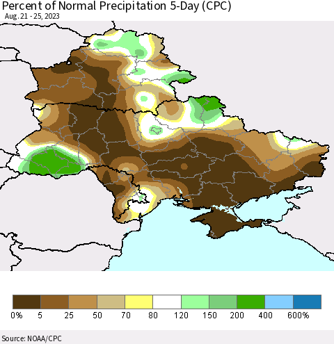 Ukraine, Moldova and Belarus Percent of Normal Precipitation 5-Day (CPC) Thematic Map For 8/21/2023 - 8/25/2023