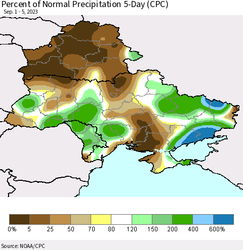 Ukraine, Moldova and Belarus Percent of Normal Precipitation 5-Day (CPC) Thematic Map For 9/1/2023 - 9/5/2023