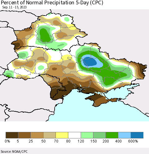 Ukraine, Moldova and Belarus Percent of Normal Precipitation 5-Day (CPC) Thematic Map For 9/11/2023 - 9/15/2023