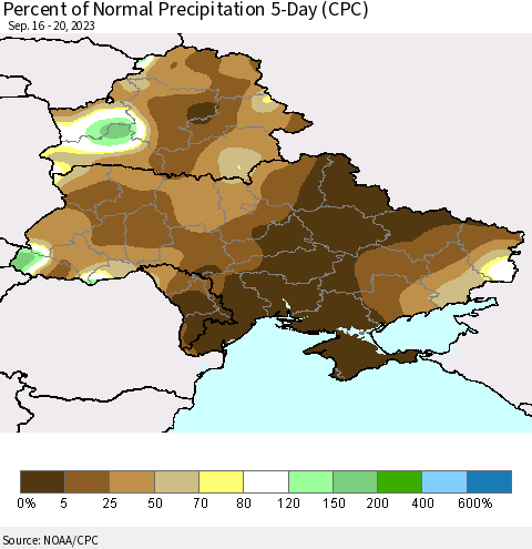 Ukraine, Moldova and Belarus Percent of Normal Precipitation 5-Day (CPC) Thematic Map For 9/16/2023 - 9/20/2023