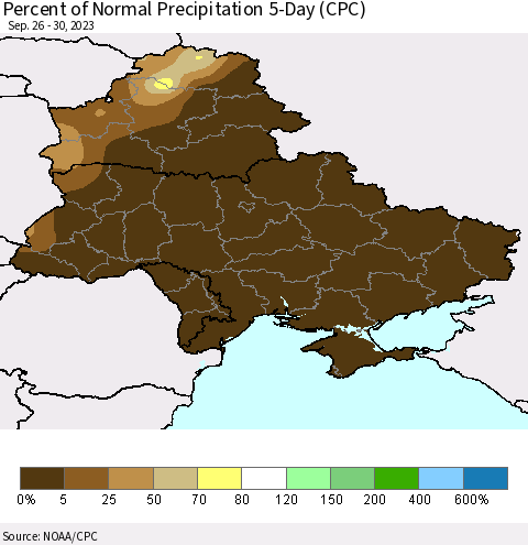 Ukraine, Moldova and Belarus Percent of Normal Precipitation 5-Day (CPC) Thematic Map For 9/26/2023 - 9/30/2023