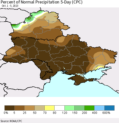 Ukraine, Moldova and Belarus Percent of Normal Precipitation 5-Day (CPC) Thematic Map For 10/1/2023 - 10/5/2023