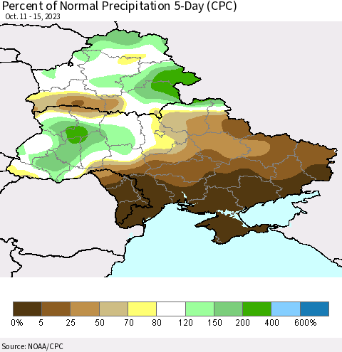 Ukraine, Moldova and Belarus Percent of Normal Precipitation 5-Day (CPC) Thematic Map For 10/11/2023 - 10/15/2023