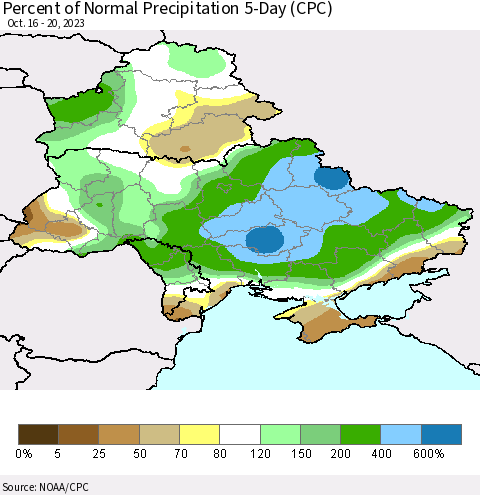 Ukraine, Moldova and Belarus Percent of Normal Precipitation 5-Day (CPC) Thematic Map For 10/16/2023 - 10/20/2023