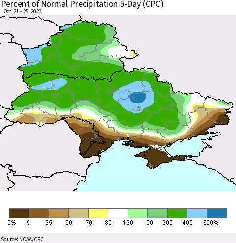 Ukraine, Moldova and Belarus Percent of Normal Precipitation 5-Day (CPC) Thematic Map For 10/21/2023 - 10/25/2023