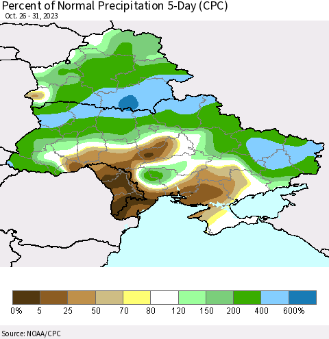 Ukraine, Moldova and Belarus Percent of Normal Precipitation 5-Day (CPC) Thematic Map For 10/26/2023 - 10/31/2023