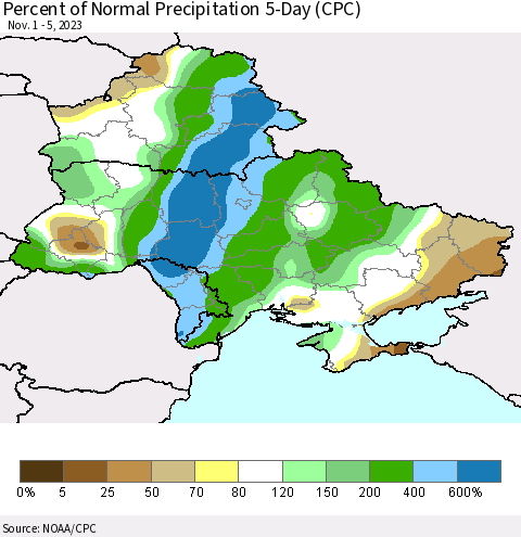Ukraine, Moldova and Belarus Percent of Normal Precipitation 5-Day (CPC) Thematic Map For 11/1/2023 - 11/5/2023