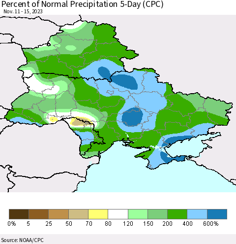 Ukraine, Moldova and Belarus Percent of Normal Precipitation 5-Day (CPC) Thematic Map For 11/11/2023 - 11/15/2023