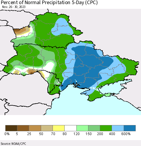 Ukraine, Moldova and Belarus Percent of Normal Precipitation 5-Day (CPC) Thematic Map For 11/26/2023 - 11/30/2023