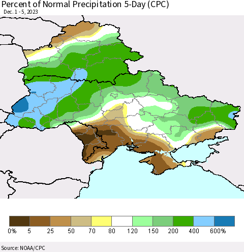 Ukraine, Moldova and Belarus Percent of Normal Precipitation 5-Day (CPC) Thematic Map For 12/1/2023 - 12/5/2023