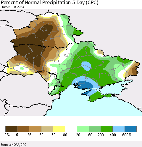 Ukraine, Moldova and Belarus Percent of Normal Precipitation 5-Day (CPC) Thematic Map For 12/6/2023 - 12/10/2023