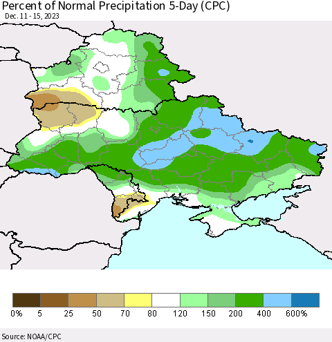 Ukraine, Moldova and Belarus Percent of Normal Precipitation 5-Day (CPC) Thematic Map For 12/11/2023 - 12/15/2023