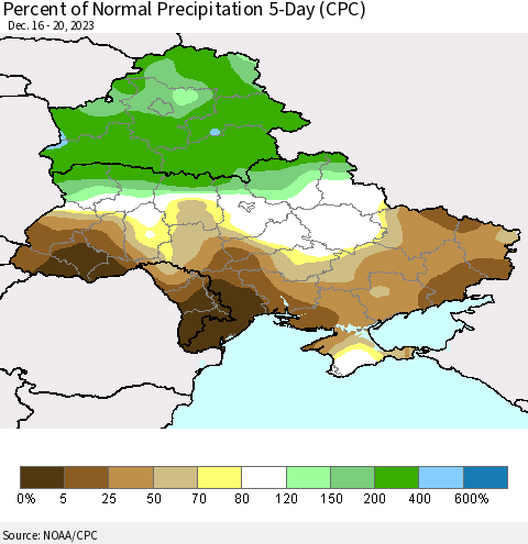 Ukraine, Moldova and Belarus Percent of Normal Precipitation 5-Day (CPC) Thematic Map For 12/16/2023 - 12/20/2023