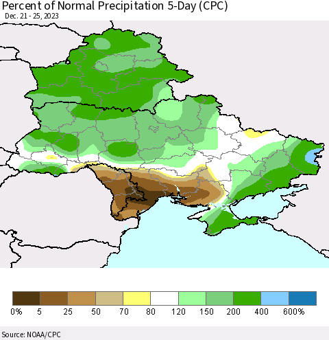 Ukraine, Moldova and Belarus Percent of Normal Precipitation 5-Day (CPC) Thematic Map For 12/21/2023 - 12/25/2023