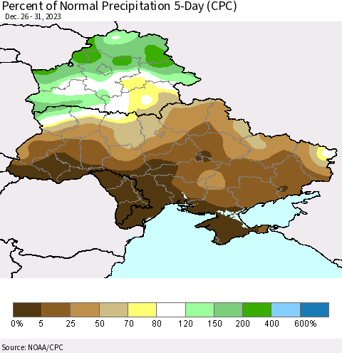 Ukraine, Moldova and Belarus Percent of Normal Precipitation 5-Day (CPC) Thematic Map For 12/26/2023 - 12/31/2023