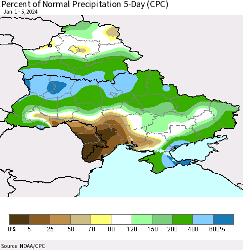 Ukraine, Moldova and Belarus Percent of Normal Precipitation 5-Day (CPC) Thematic Map For 1/1/2024 - 1/5/2024