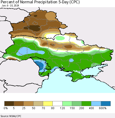 Ukraine, Moldova and Belarus Percent of Normal Precipitation 5-Day (CPC) Thematic Map For 1/6/2024 - 1/10/2024