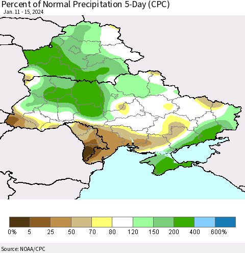 Ukraine, Moldova and Belarus Percent of Normal Precipitation 5-Day (CPC) Thematic Map For 1/11/2024 - 1/15/2024