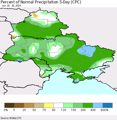 Ukraine, Moldova and Belarus Percent of Normal Precipitation 5-Day (CPC) Thematic Map For 1/16/2024 - 1/20/2024