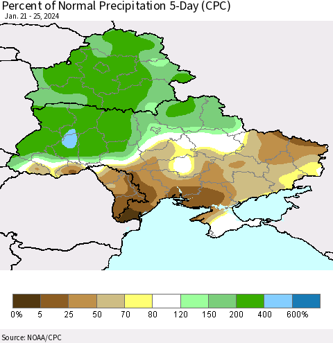 Ukraine, Moldova and Belarus Percent of Normal Precipitation 5-Day (CPC) Thematic Map For 1/21/2024 - 1/25/2024