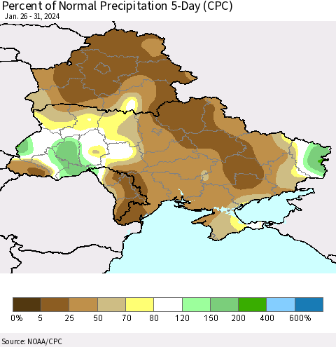 Ukraine, Moldova and Belarus Percent of Normal Precipitation 5-Day (CPC) Thematic Map For 1/26/2024 - 1/31/2024