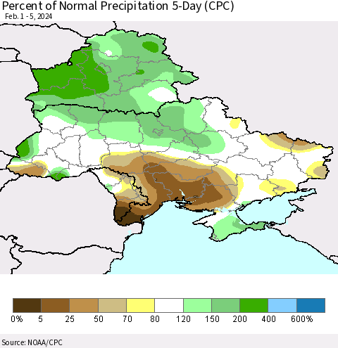 Ukraine, Moldova and Belarus Percent of Normal Precipitation 5-Day (CPC) Thematic Map For 2/1/2024 - 2/5/2024
