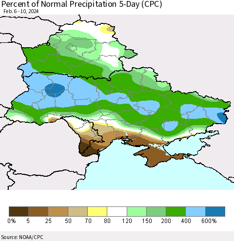 Ukraine, Moldova and Belarus Percent of Normal Precipitation 5-Day (CPC) Thematic Map For 2/6/2024 - 2/10/2024