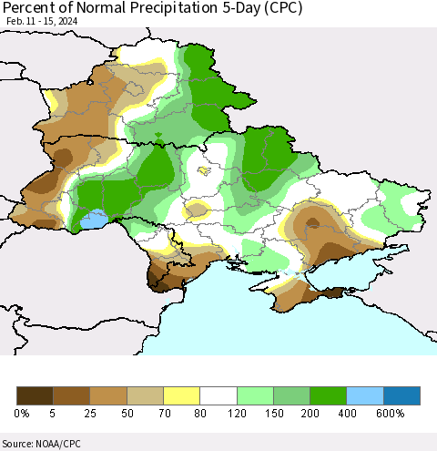 Ukraine, Moldova and Belarus Percent of Normal Precipitation 5-Day (CPC) Thematic Map For 2/11/2024 - 2/15/2024