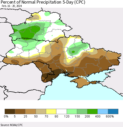 Ukraine, Moldova and Belarus Percent of Normal Precipitation 5-Day (CPC) Thematic Map For 2/16/2024 - 2/20/2024