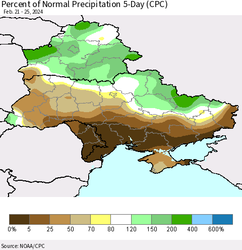 Ukraine, Moldova and Belarus Percent of Normal Precipitation 5-Day (CPC) Thematic Map For 2/21/2024 - 2/25/2024