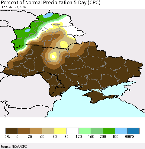 Ukraine, Moldova and Belarus Percent of Normal Precipitation 5-Day (CPC) Thematic Map For 2/26/2024 - 2/29/2024