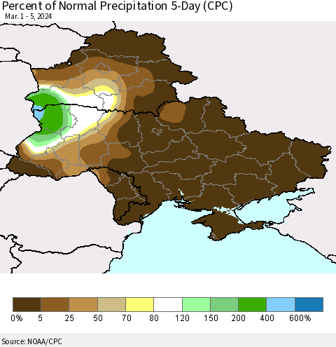 Ukraine, Moldova and Belarus Percent of Normal Precipitation 5-Day (CPC) Thematic Map For 3/1/2024 - 3/5/2024