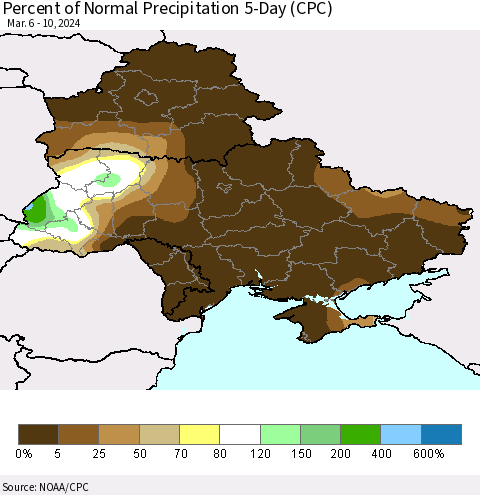 Ukraine, Moldova and Belarus Percent of Normal Precipitation 5-Day (CPC) Thematic Map For 3/6/2024 - 3/10/2024