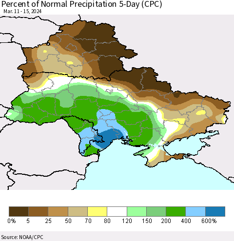 Ukraine, Moldova and Belarus Percent of Normal Precipitation 5-Day (CPC) Thematic Map For 3/11/2024 - 3/15/2024